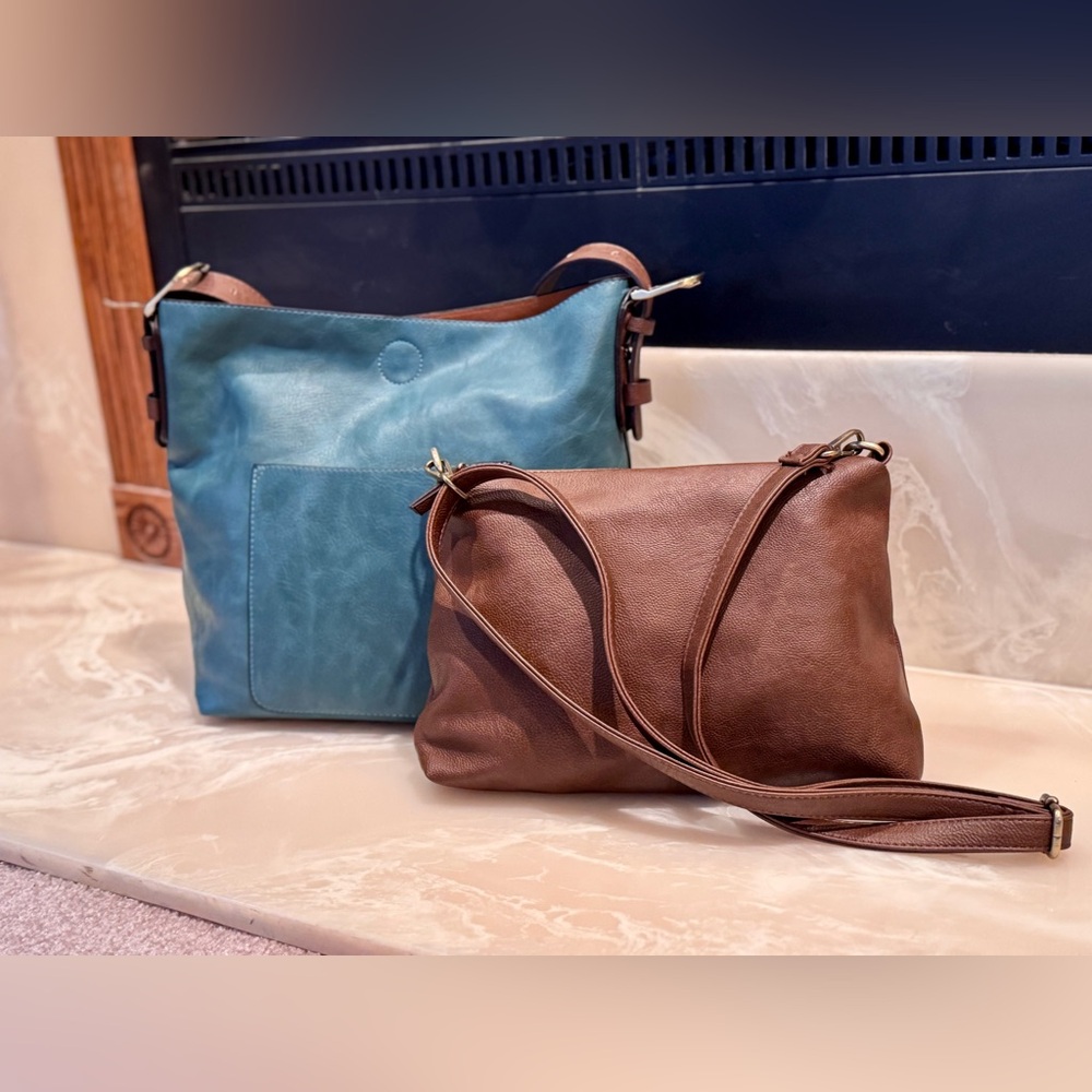 Classic Hobo Handbag Tote (Teal) + Crossbody Purse (Brown) Faux Leather - Set